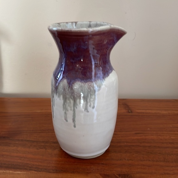 Beautiful handmade pottery vase decanter pitcher purple white drip glaze - Picture 3 of 7
